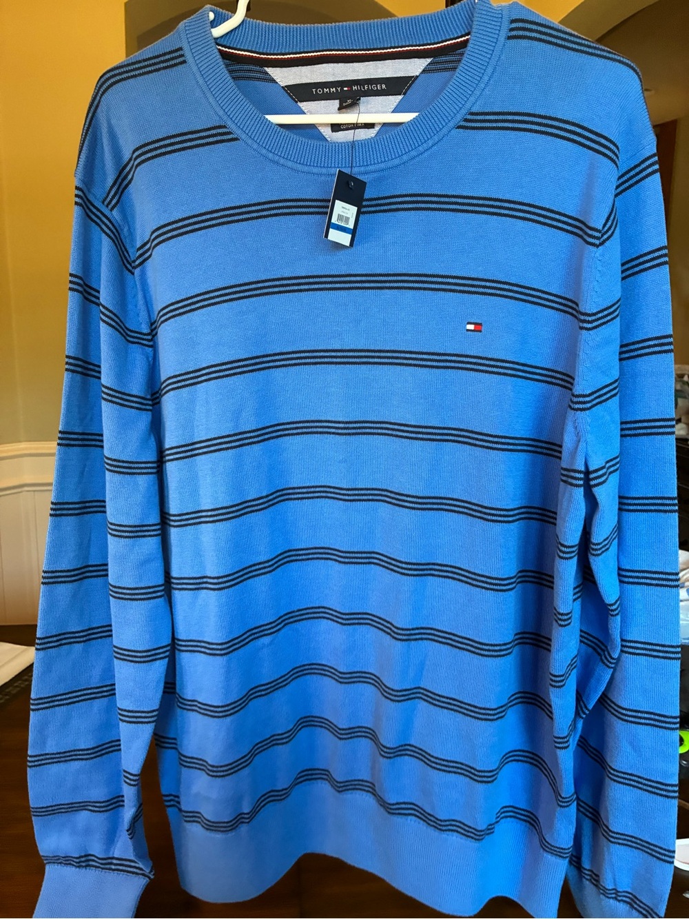 Tommy Hilfiger Men’s Blue Striped Crewneck Sweater 100% Pima Cotton